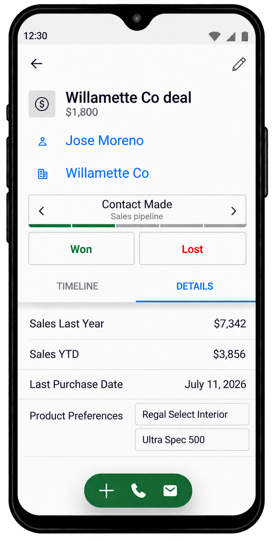 Pipedrive mobile Details tab showing Epicor sales fields and a custom Product Preferences field